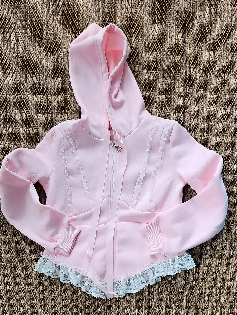 Pink Lace-Trim Hooded Zip Jacket